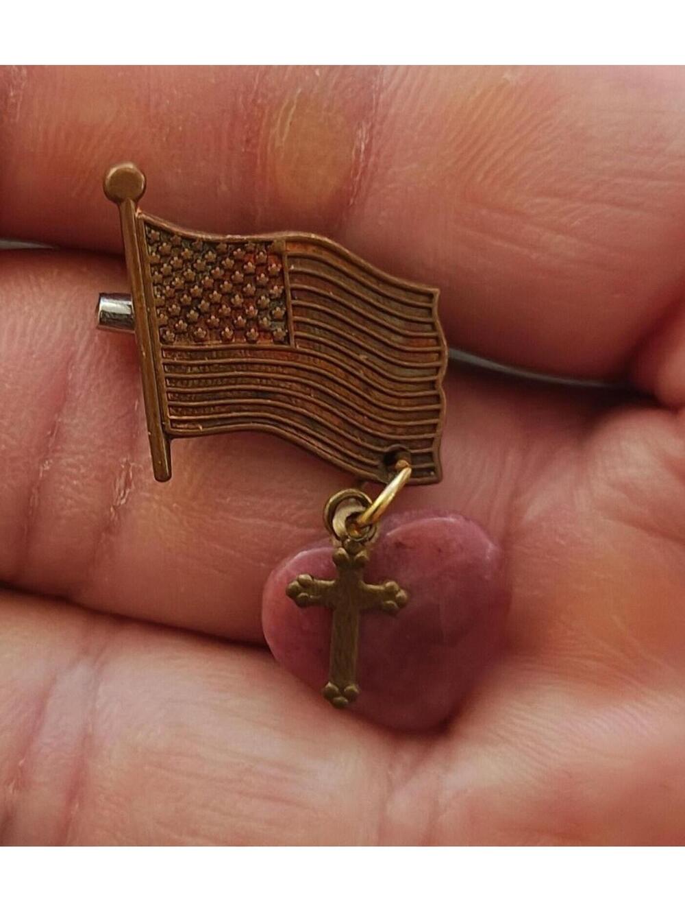 80s Gold Tone Patriotic & Religious American Flag With Heart Cross Charm Brooch